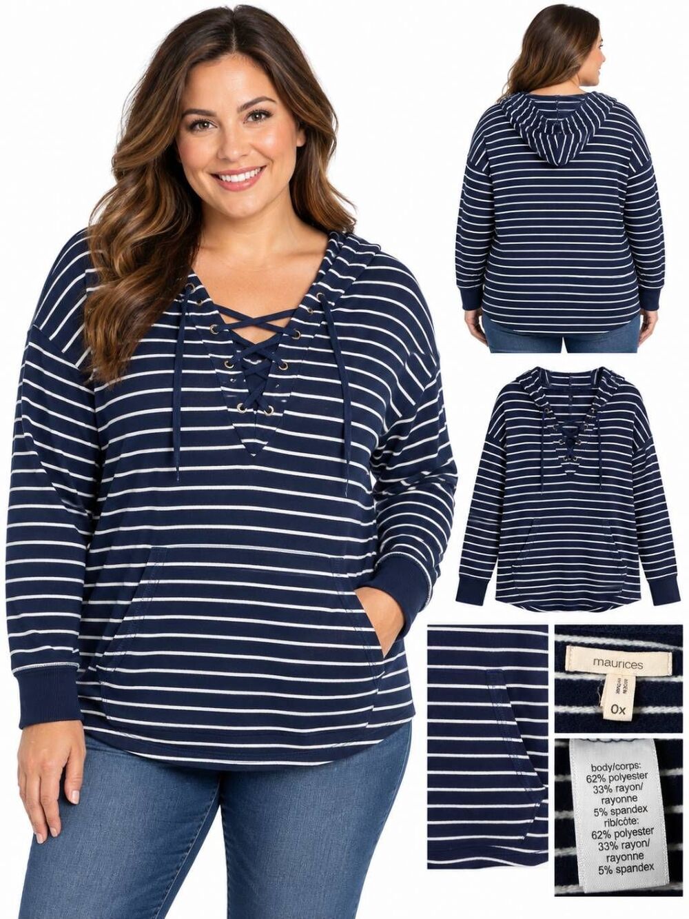 Maurices 0X Navy Stripe Lace Up Hoodie Tunic Pullover